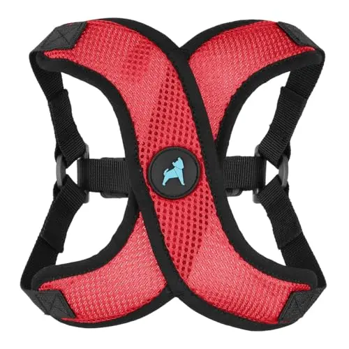 Gooby Comfort X Step in Lite Dog Harness in red, showing the mesh material and X-frame design.