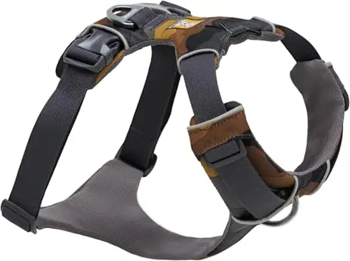 Ruffwear Front Range dog harness in camouflage pattern with reflective trim
