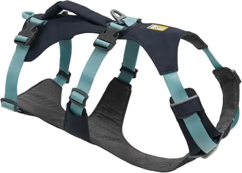 Ruffwear Flagline dog harness in Basalt Gray, showing reflective trim and multiple leash attachment points