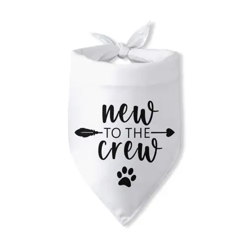 White dog bandana with 'New to the Crew' text printed on it