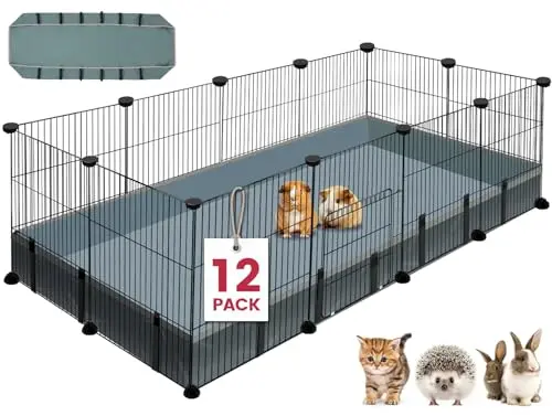 VISCOO 12-panel black metal playpen assembled in a rectangle with a dark floor mat.