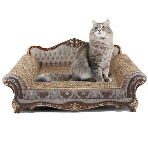 COOZMENT silver sofa-shaped cardboard cat scratcher with a high backrest