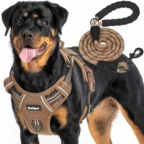 Beebiepet heavy-duty brown tactical dog harness with ID tag and leash