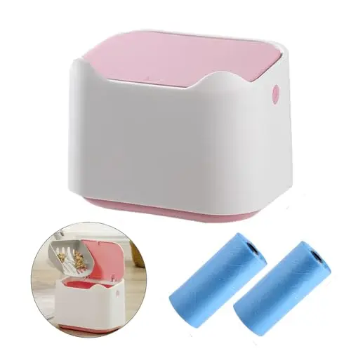 WEWAYKGJ small light pink oval press-top lid mini trash can for cat litter on a countertop
