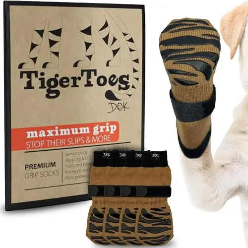 DOK TigerToes dog grip socks in cool caramel color on a dog's paw