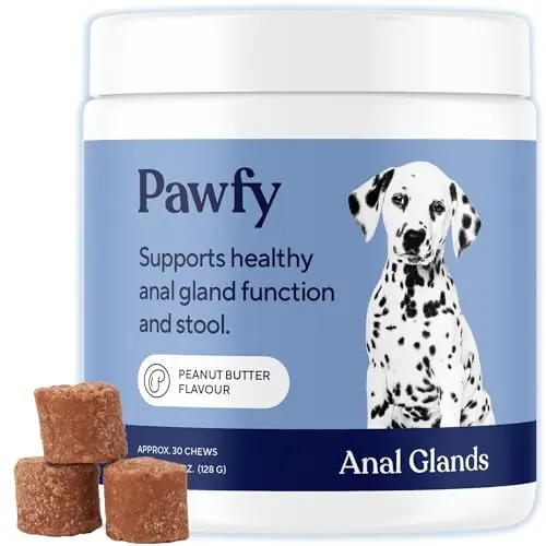 Pawfy brand peanut butter flavored anal gland chews for dogs