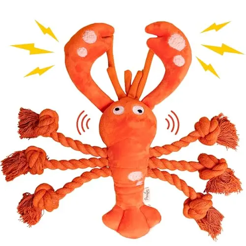 Orange plush lobster dog toy with rope legs