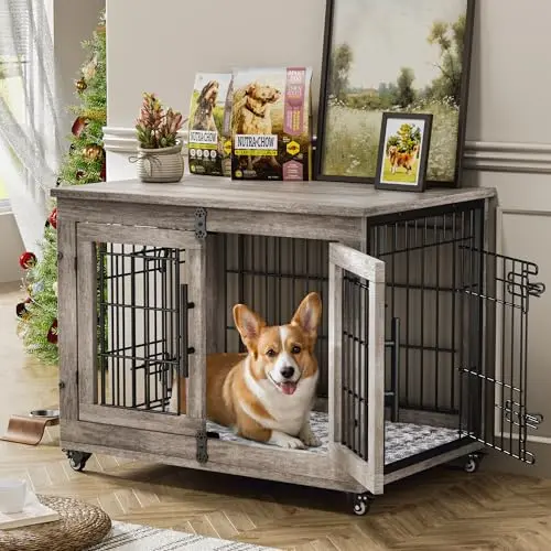 Lulive grey wooden dog crate furniture with cushion and wheels