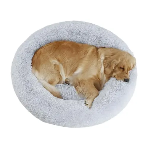 Bunlitent grey plush donut-shaped calming dog bed with high-loft filling