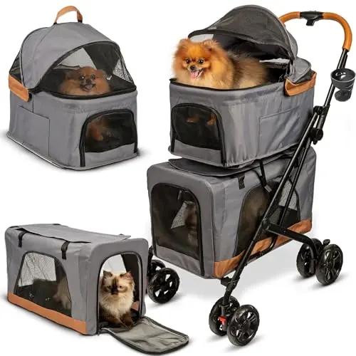 Double pet stroller with detachable top and bottom carriers in graphite gray