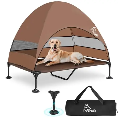Furggis elevated dog cot with a large shade canopy and mesh sides