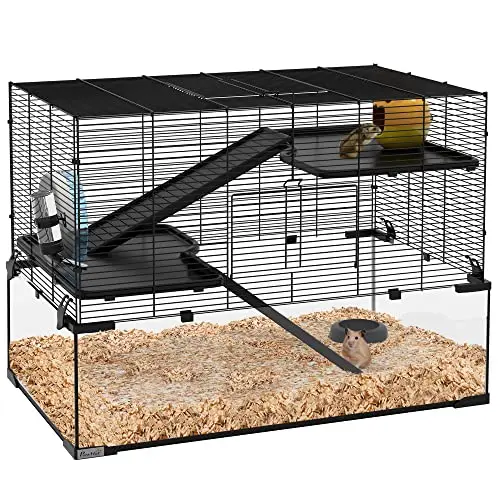 PawHut black hamster cage with three tiers, tempered glass bottom, and included wheel