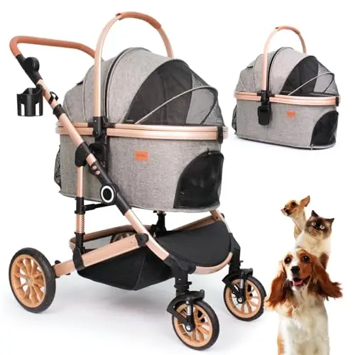 Bicystar grey pet stroller with detachable carrier and rubber wheels