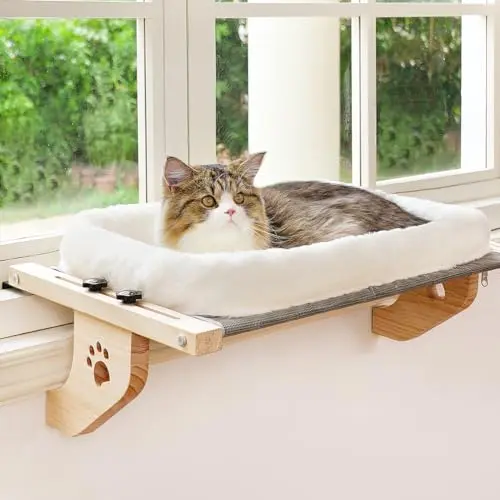AMOSIJOY white cat window hammock with a plush cushion, mounted on a windowsill