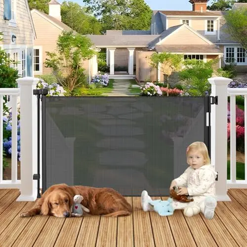 BETERTEK black retractable mesh dog gate extended across a deck entrance