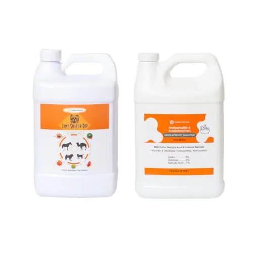 Healthy Paw Life gallon jug of lime sulfur dip and sulfur salicylic acid shampoo for mange