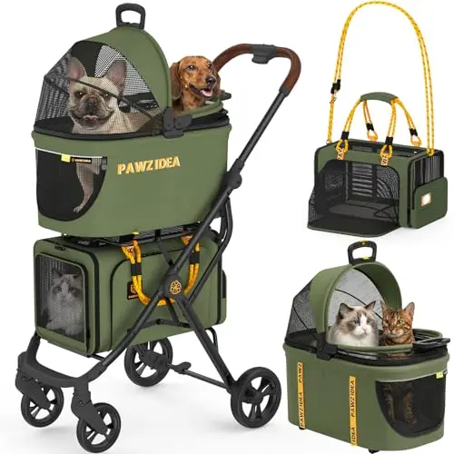PAWZIDEA double-decker pet stroller with expandable carrier and all-terrain wheels