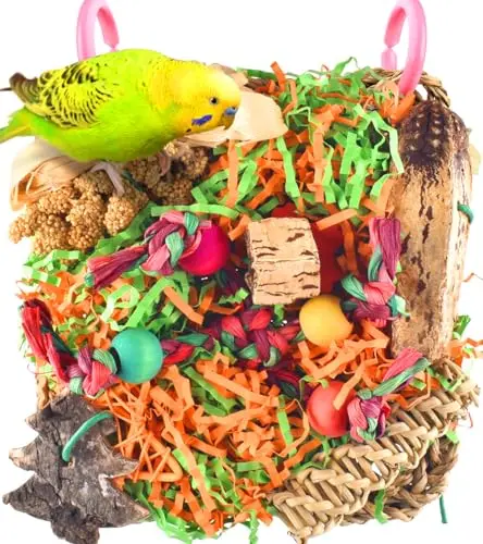 KATUMO natural seagrass mat bird toy with chewable wood blocks and shredding materials