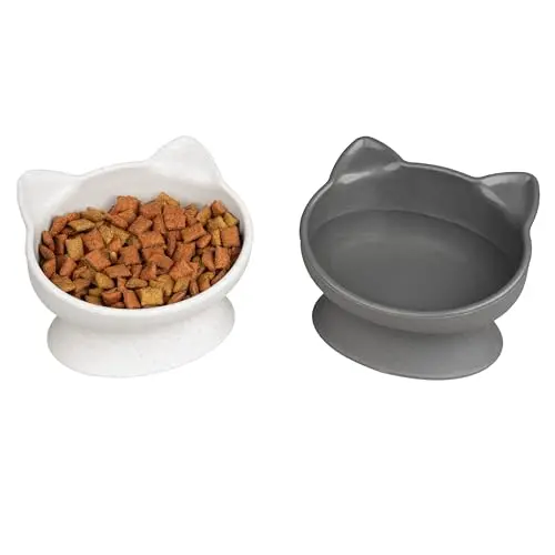 KITTY CITY set of two modern white and gray elevated plastic cat bowls on pedestal bases.