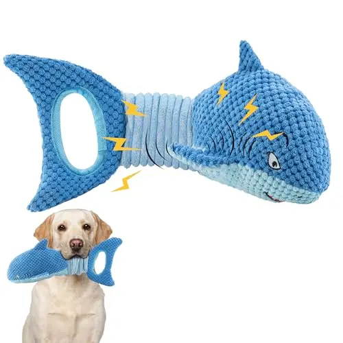 A blue plush shark dog toy with a stretchy tail for tug-of-war.