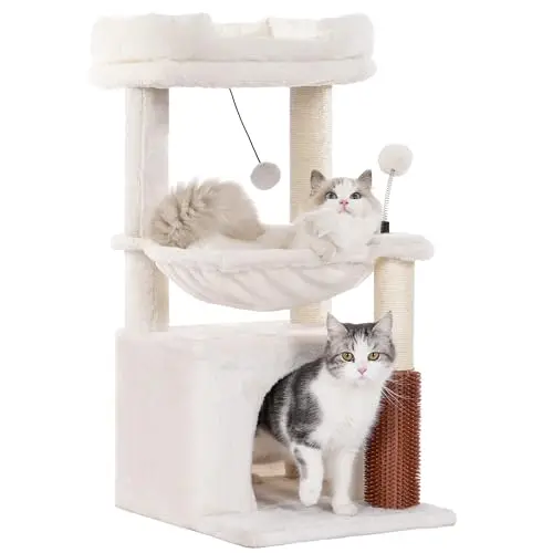 Pawfessor 32-inch cat tree with a large hammock, self-groomer, and removable perch