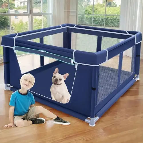 XVISHX blue mesh fabric dog playpen with gate