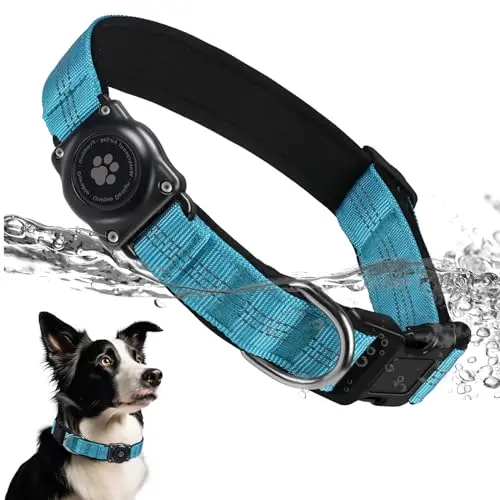 Furrigo blue reflective dog collar with a built-in, waterproof AirTag holder compartment.