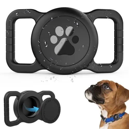 SANKALA black silicone AirTag holder showing its stretchy design for various collar widths.