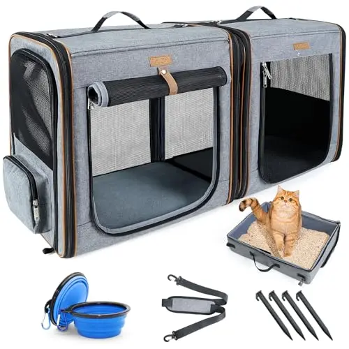 Lekereise grey 2-in-1 double cat carrier that can connect, shown with a litter box.