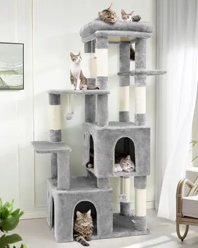 Globlazer 61-inch light grey cat tower with a large top perch, two cat condos, and multiple sisal posts