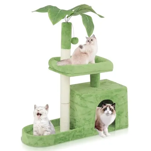 Magshion small cat tree with green leaf design, low perches, and a cozy condo