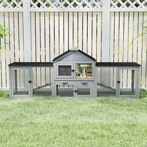 COZIWOW large two-story wooden rabbit hutch with grey finish and green roof