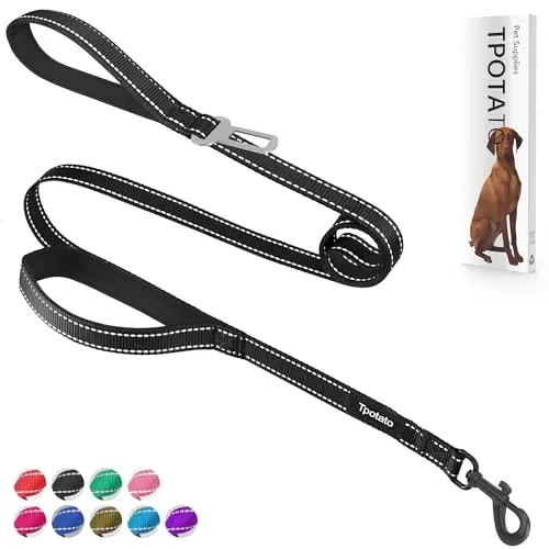 Tpotato reflective nylon dog leash with two handles and seat belt buckle