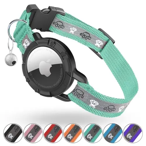 Green reflective cat collar with integrated AirTag holder and bell