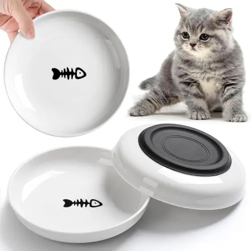 WROSWT set of three white ceramic cat bowls with integrated non-slip silicone bottoms.