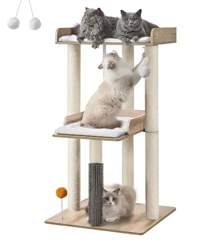 FourFurPets modern 44-inch cat tree with removable plush pads and self-groomer