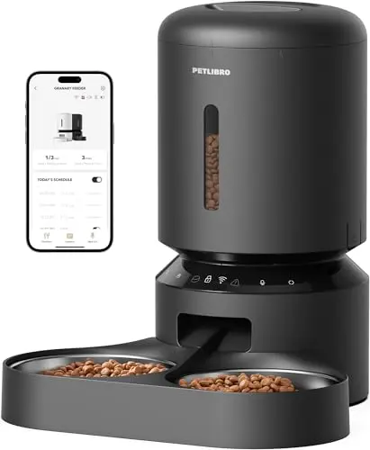 PETLIBRO automatic cat feeder with dual stainless bowls and smartphone app interface