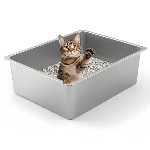 Kirecoo stainless steel open-top litter box with tall sides