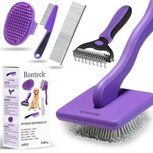 Bonteck 4-piece dog grooming kit with slicker brush, comb, bath brush, and flea comb