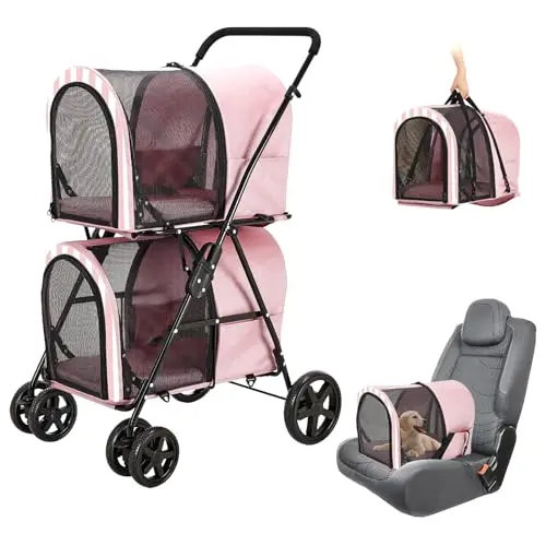 LPOTIUS double pet stroller with two spacious carriers in light pink