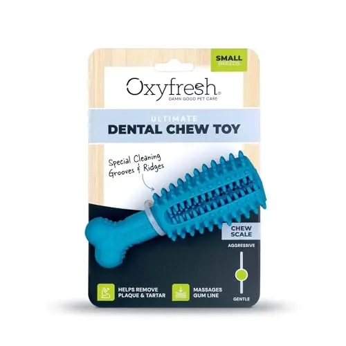 Oxyfresh dog dental chew toy in orange and blue for teeth cleaning