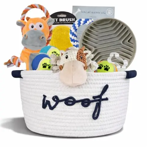 Woven gift basket filled with assorted puppy toys, a bowl, and a brush