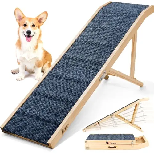 Tsukiko long wooden dog ramp folded and unfolded next to a bed