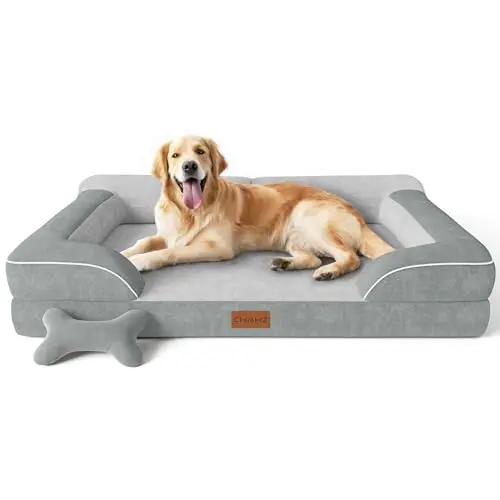 CWAWZ Extra Large Dog Bed with cooling gel memory foam, light grey velvet cover, and included bone toy