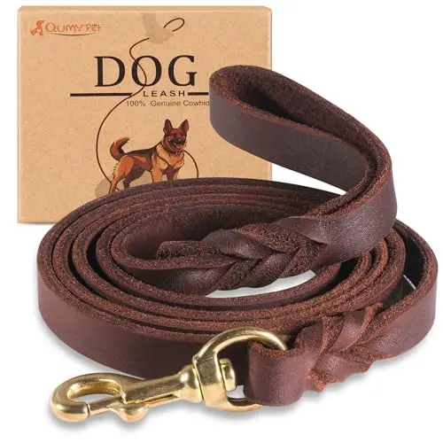 QUMY brown braided leather dog leash handmade