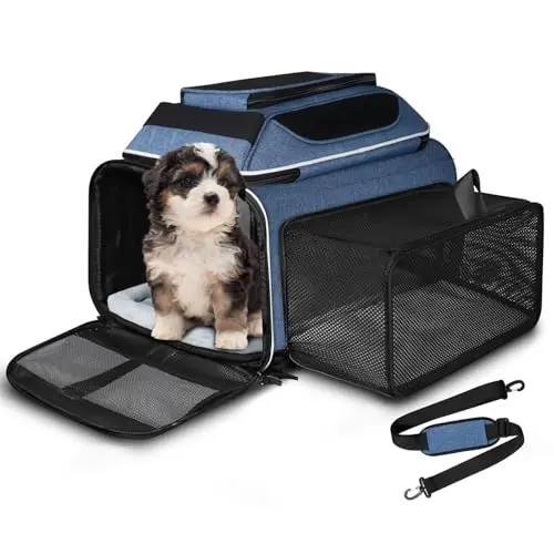 Petskd blue expandable pet carrier with top and side expansions for airplanes
