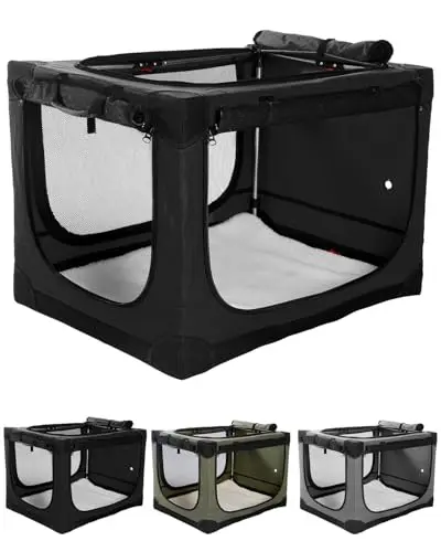 Veraste collapsible travel dog crate with mesh windows and storage bag in black