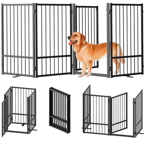 SNUOWU black freestanding metal dog gate with four panels on a wooden deck