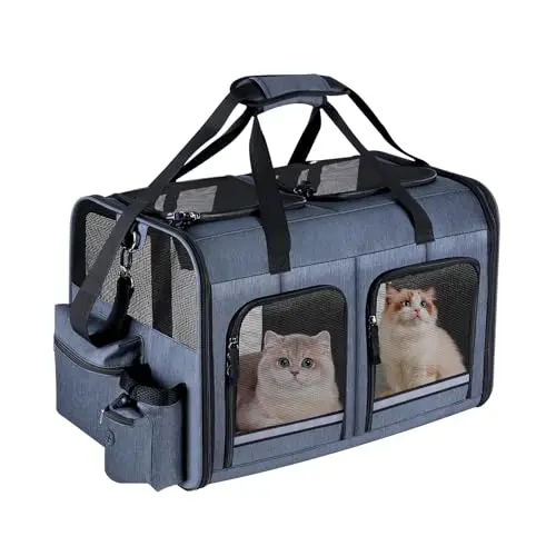 Groxkox grey foldable cat carrier with two front zippered compartments and a camelback shape.
