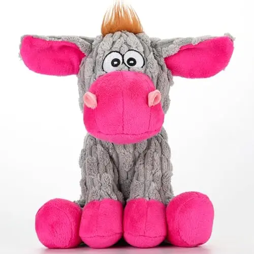 loncoldy gray and pink donkey plush dog toy with crinkle paper
